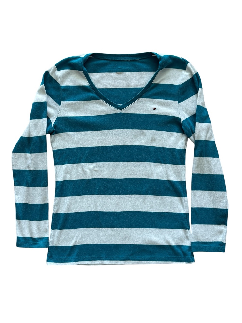 Tommy Hilfiger Teal White Striped V Neck Long Sleeve Top Large Preppy Casual